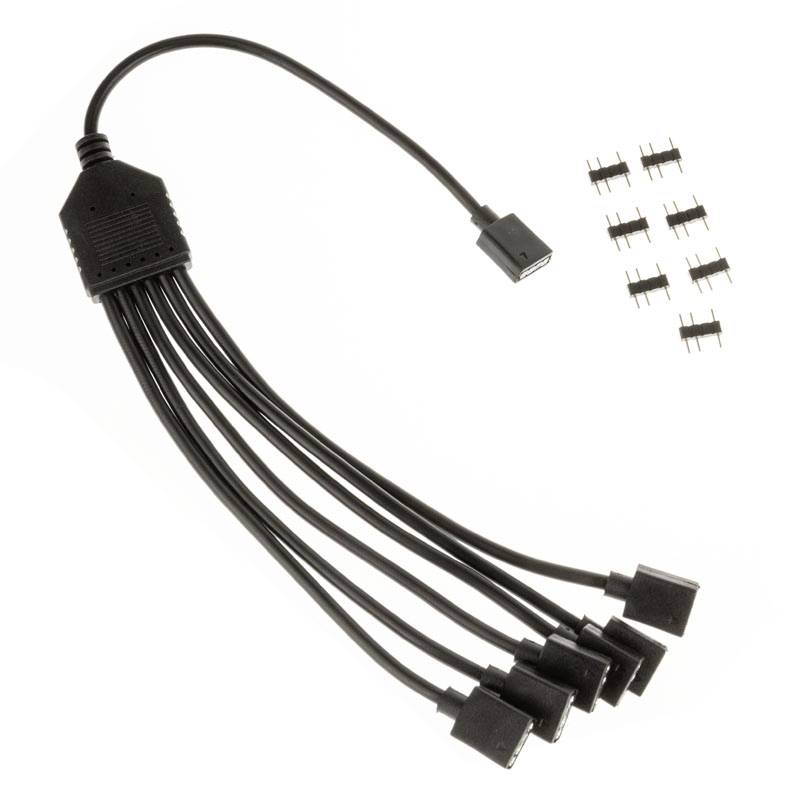 A black 1-to-8 PWM splitter cable for fans with eight connector ports, ideal for expanding fan connections in a computer.