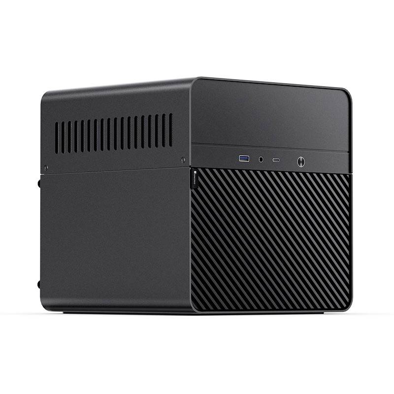 Black, compact computer case with ventilation slots and front USB port, suitable for space-saving PCs or media centres.