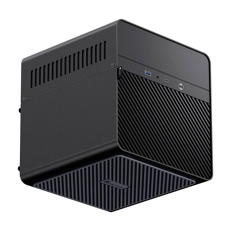 A compact, black mini PC with ventilation slots and front ports. Square design, ideal for space-saving applications.