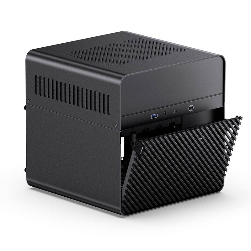 A compact, black mini PC with an open front cover reveals ventilation slots and control buttons on the front panel.