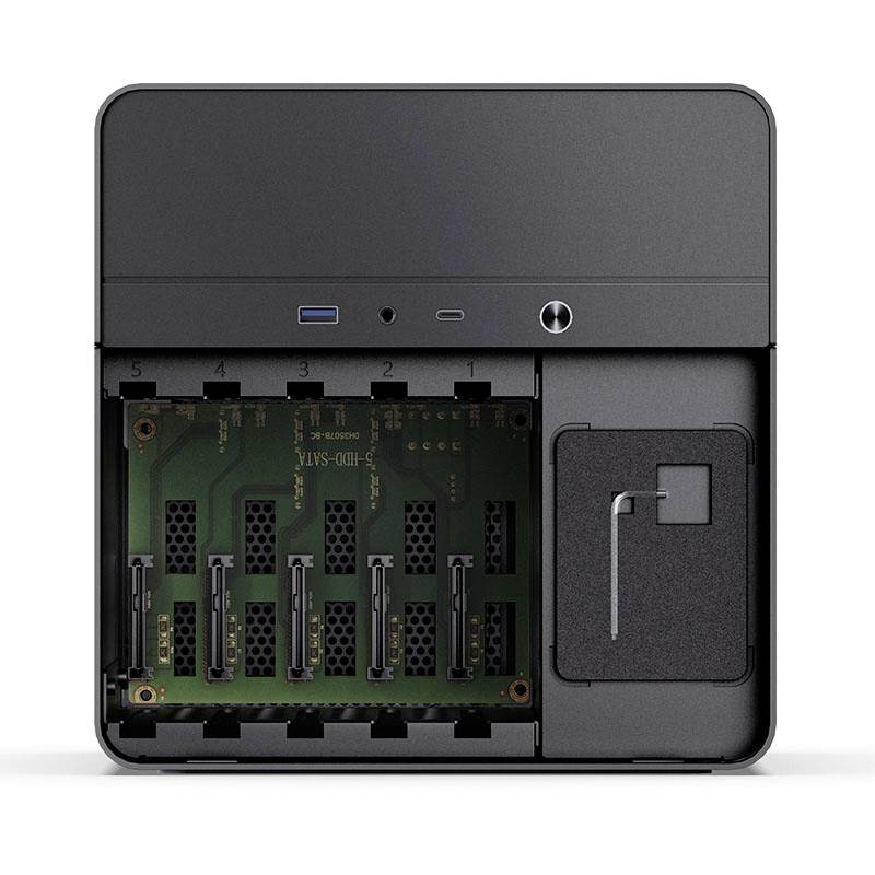 External hard drive docking station in black with multiple bays for storage.