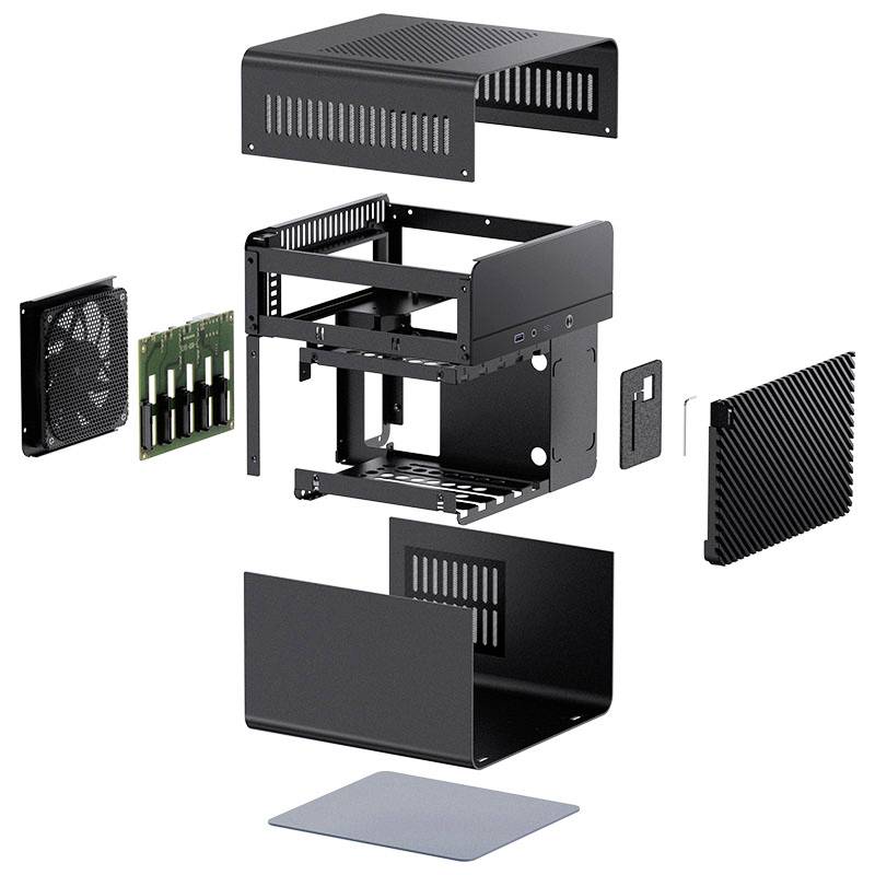 Disassembled mini PC case with components such as ventilation parts, frame, fan, and side panels, revealing its internal structure.