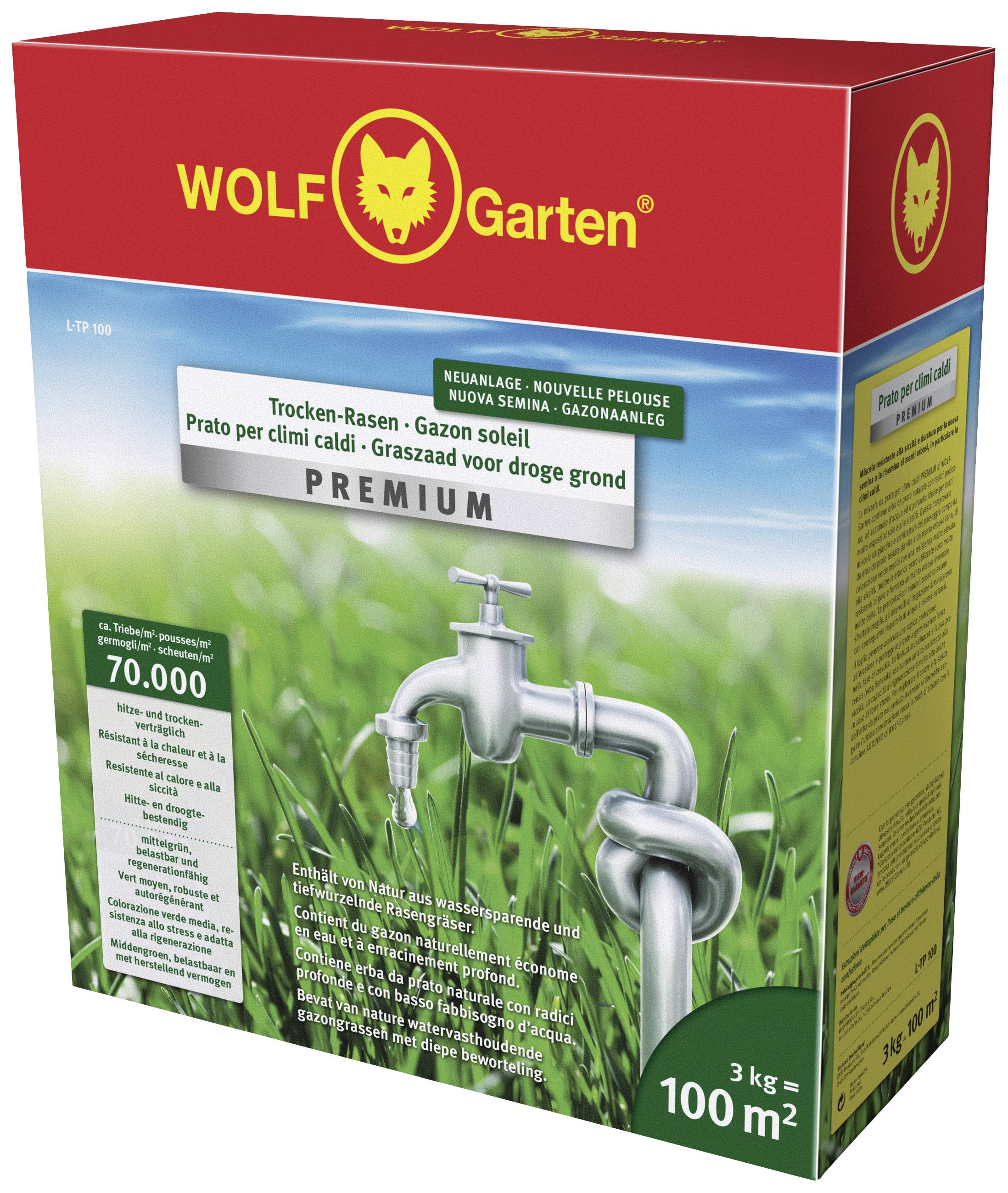 Packaging for a premium grass seed from WOLF Garten for dry areas, suitable for 100 m². Image of a water tap.