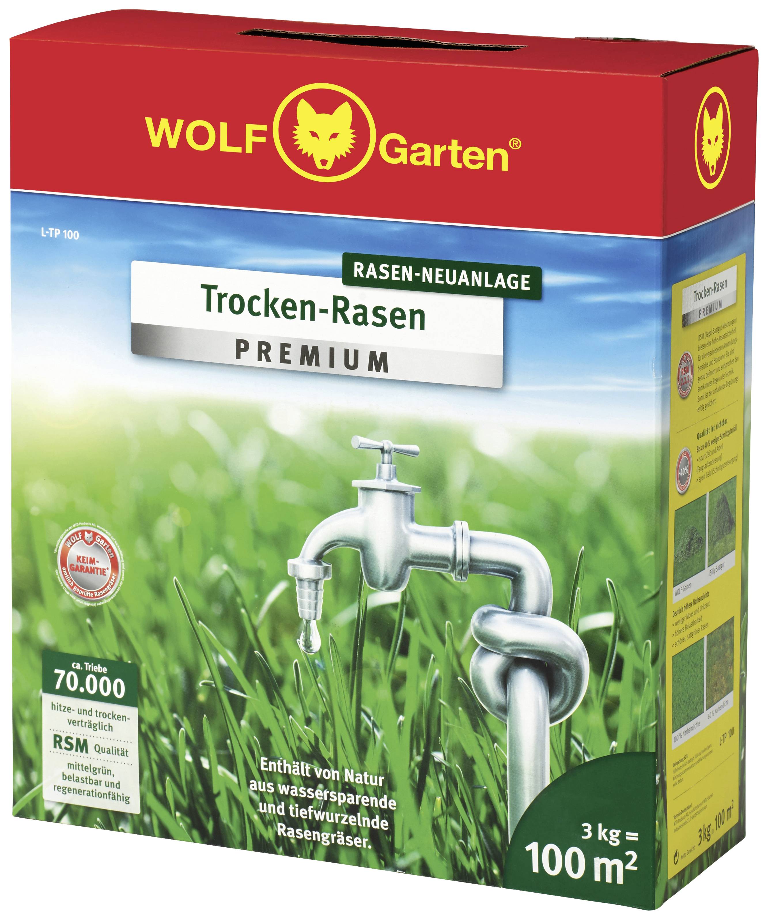 Packaging of Wolf Garten Premium Dry Lawn with 3 kg contents for 100 m². Image of a tap, focus on dry lawn.