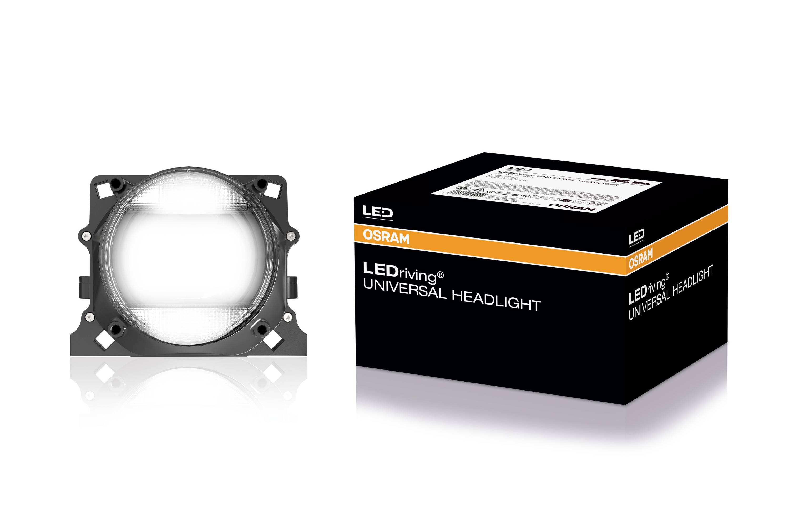 LED car headlight by the OSRAM brand next to its packaging, which bears the inscription 'LEDriving UNIVERSAL HEADLIGHT'.
