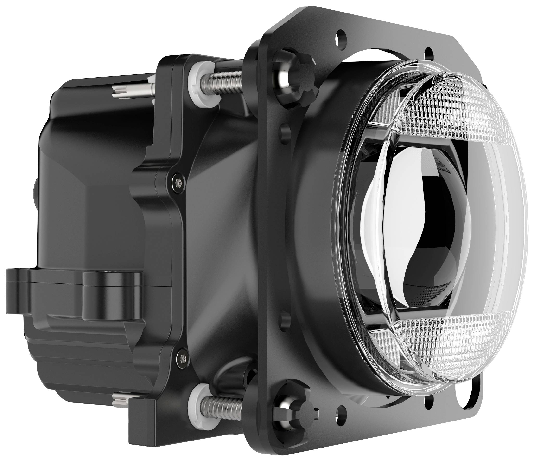 A modern car headlight with a black housing and clear lens, showing technical details and mounting elements.