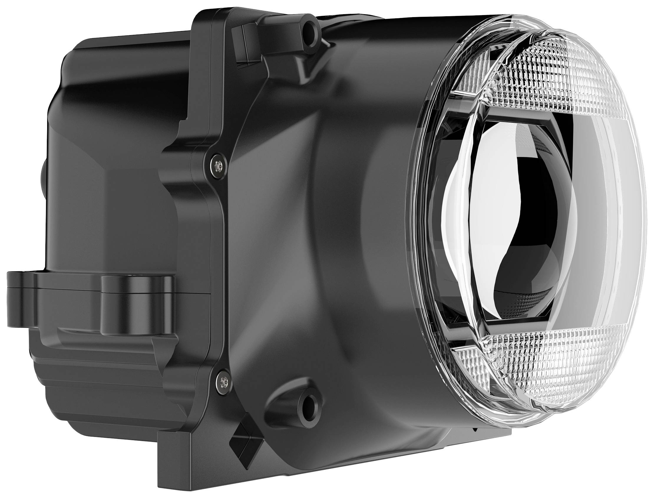 Black, right-angled headlight housing with a glass lens, aligned to the right.