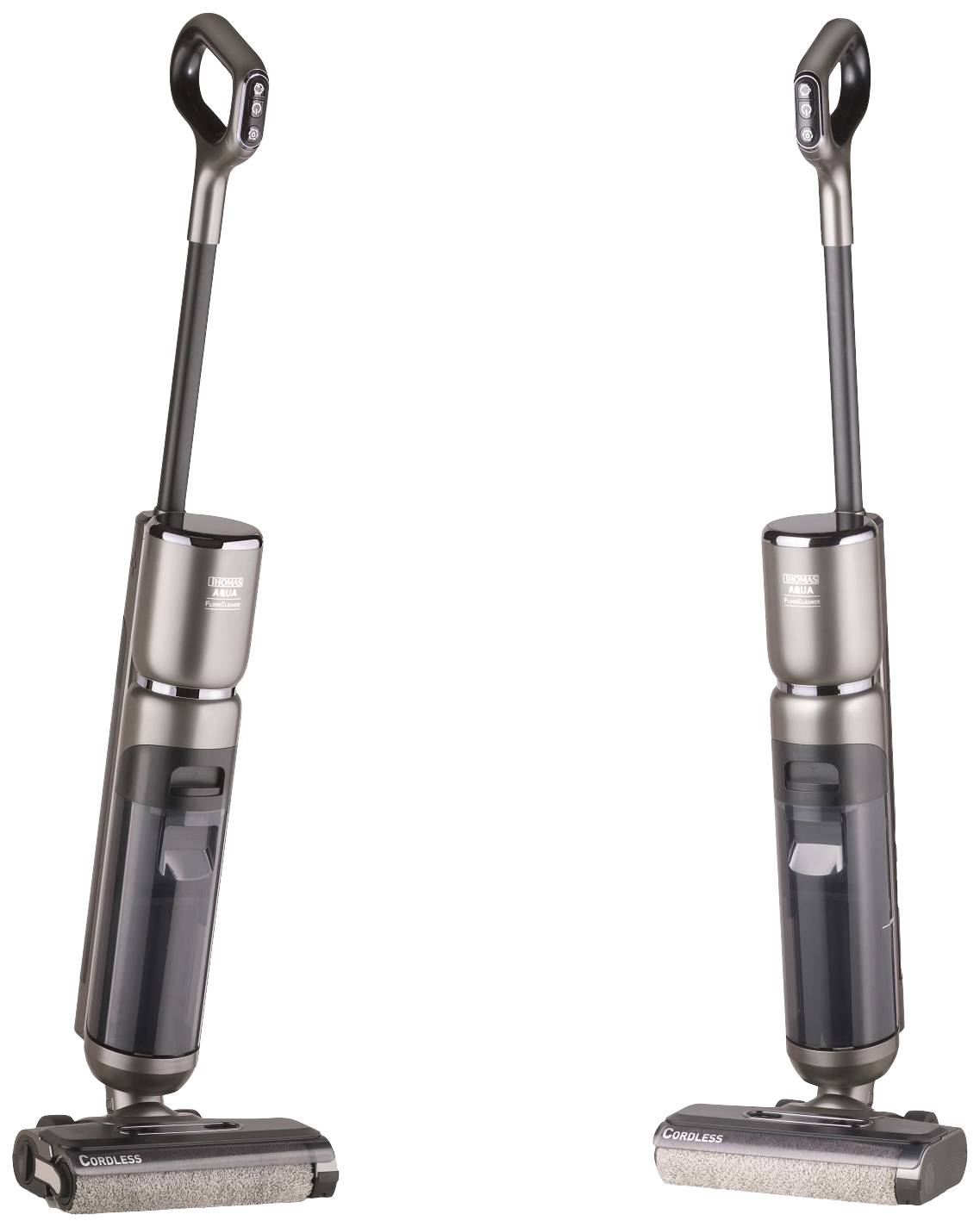 Two cordless vacuum cleaners with a modern design, each with a long handle and transparent container, stand side by side.