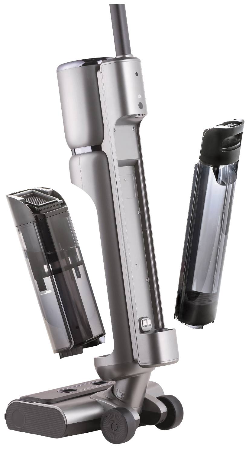 Cordless vacuum cleaner in a metallic design, showing the vacuum body with two interchangeable transparent containers.