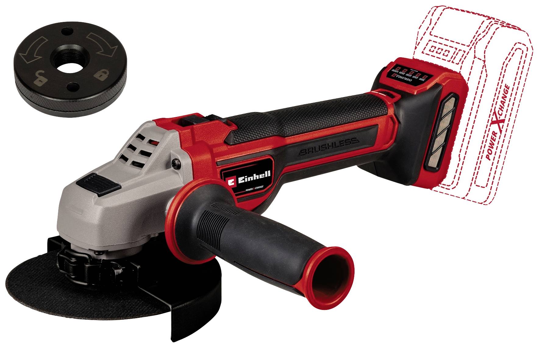 Einhell cordless angle grinder in red and black, without battery and charger. Top left: a replacement disc.