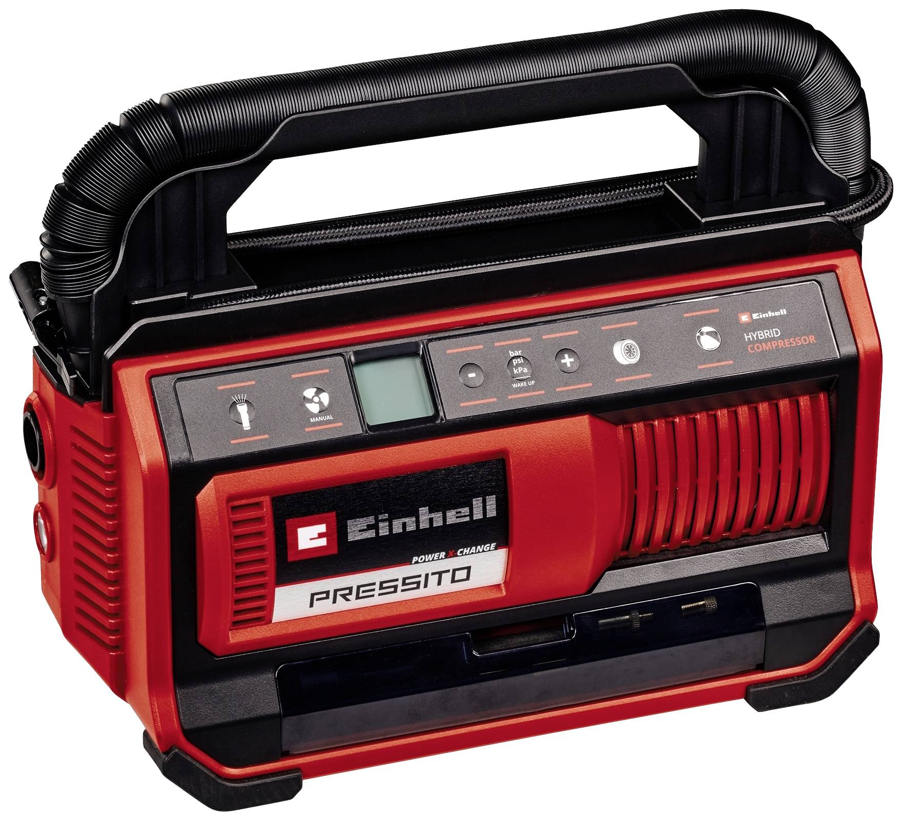A portable, red and black compressor with pressure gauge and various control elements. Brand name 'Einhell' on the front.