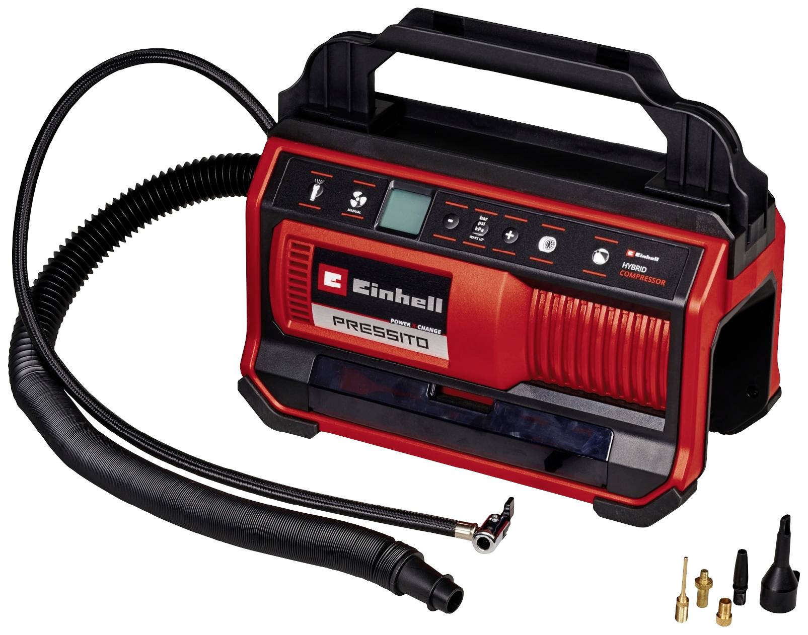 Portable Compressor in Red and Black with Accessories, Hoses, and Attachments. Ideal for Inflating Tyres or Air Mattresses.