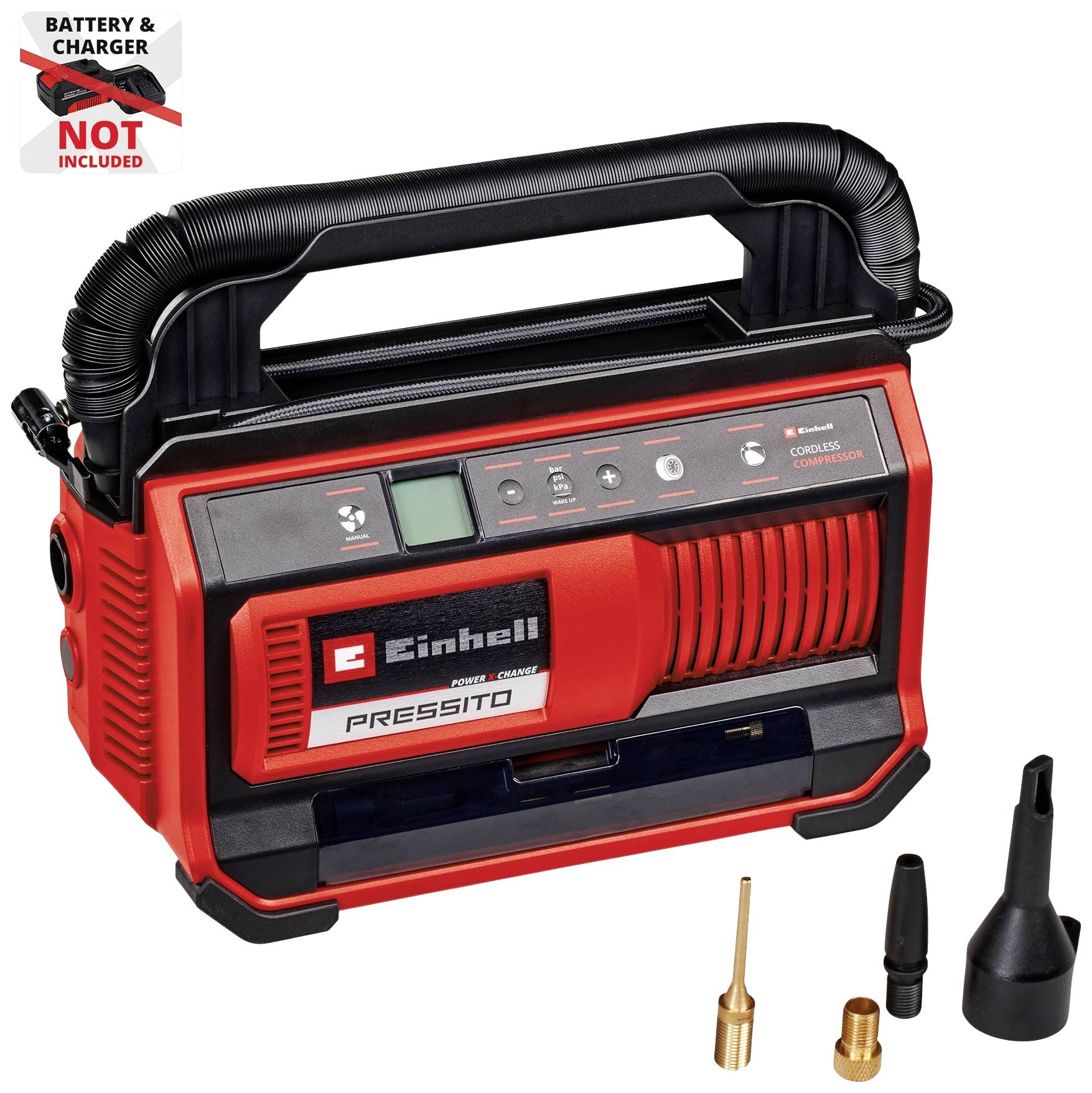Einhell Compressor, cordless. Red housing with digital display. Accessories: various nozzles. Note: Battery and charger not included.