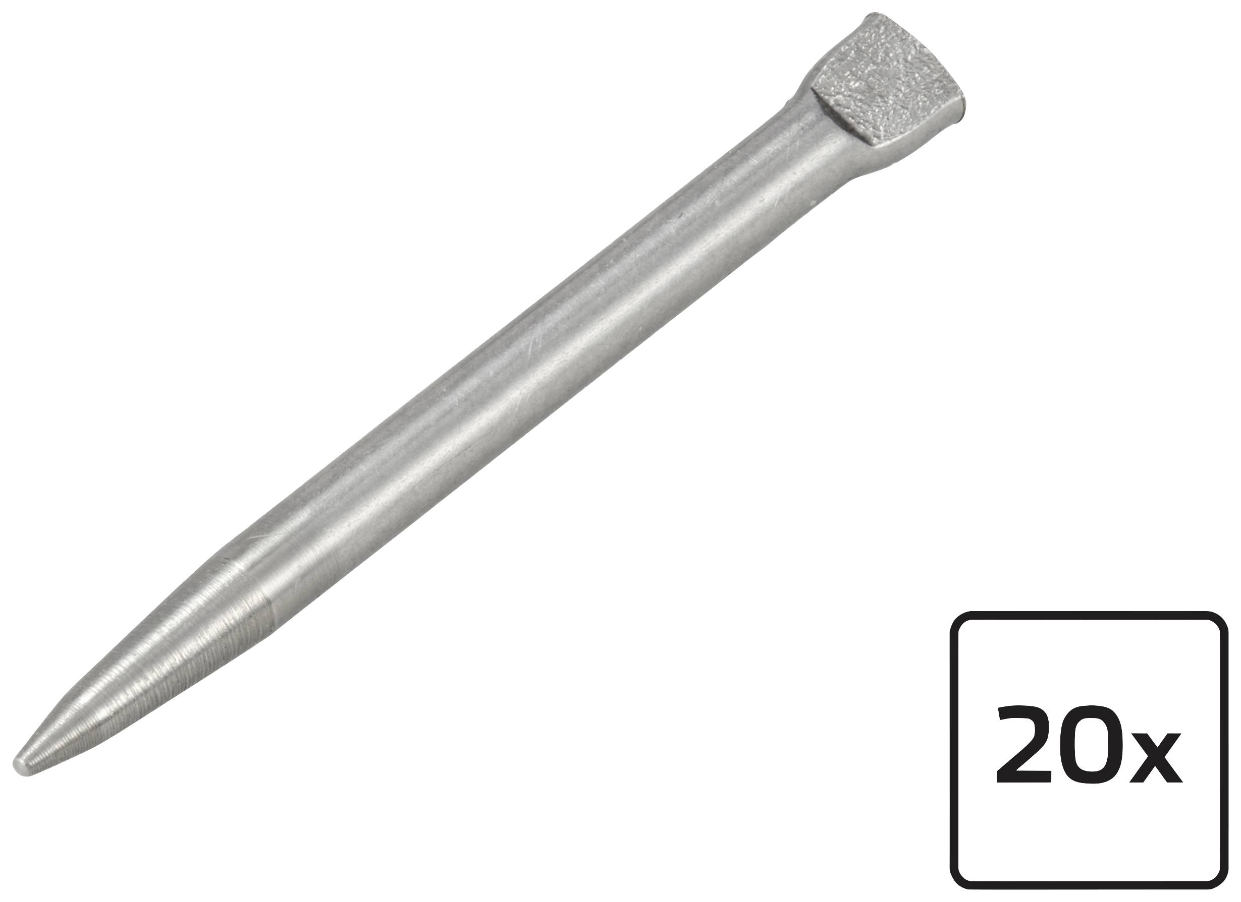 Steel pen, 130 mm long, silver, on the left; black number '20x' on a white background on the right.