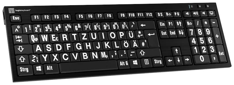 Logickeyboard XL-Print Corded Keyboard German, QWERTZ Black Multimedia buttons, USB hub, Quiet keypad