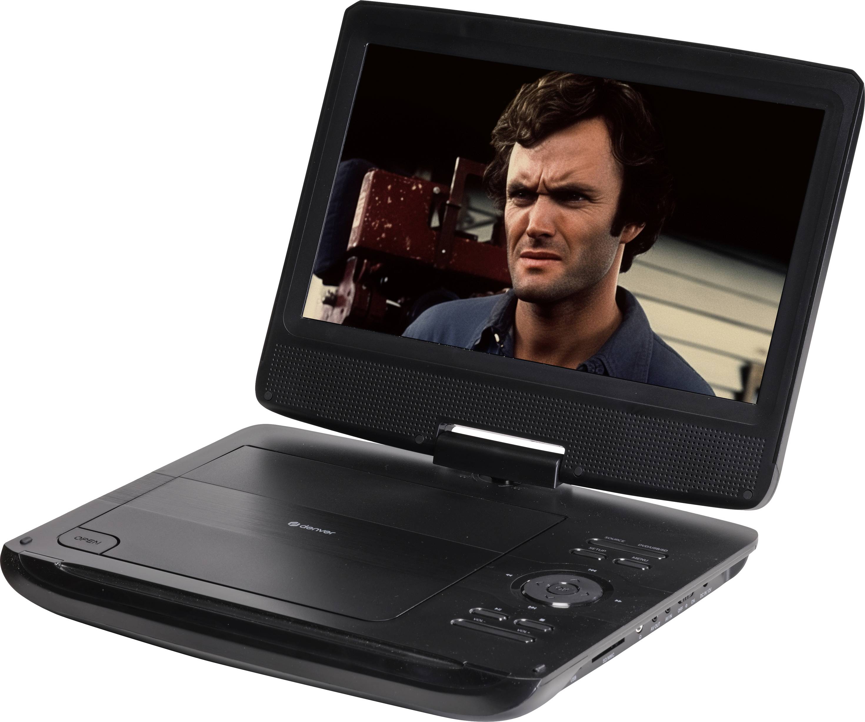 A portable DVD player shows a film featuring a person with a pensive expression. The focus is on their facial expression.