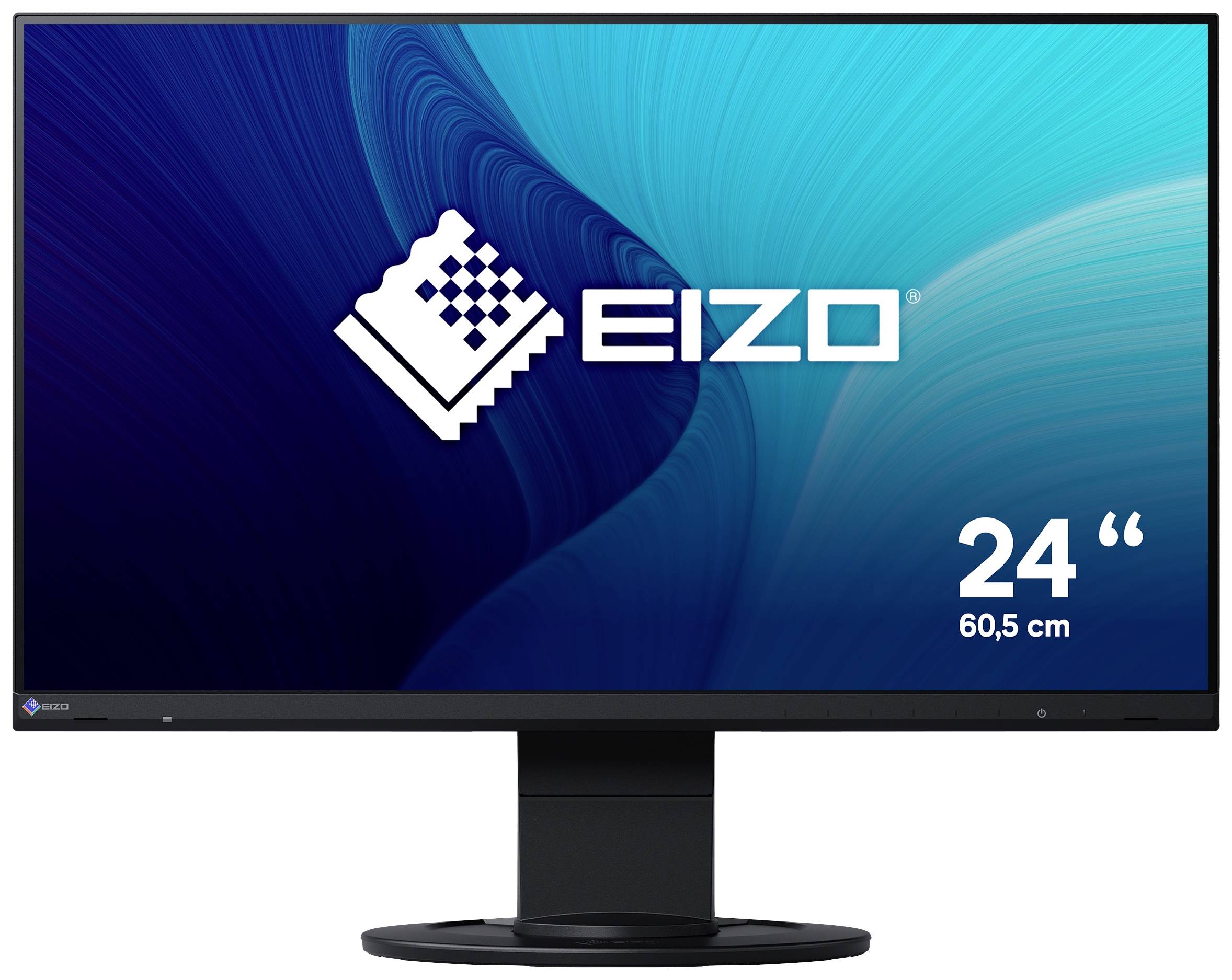 Monitor with a black frame displays the 'EIZO' logo on a blue background. Size: 24 inches (60.5 cm).