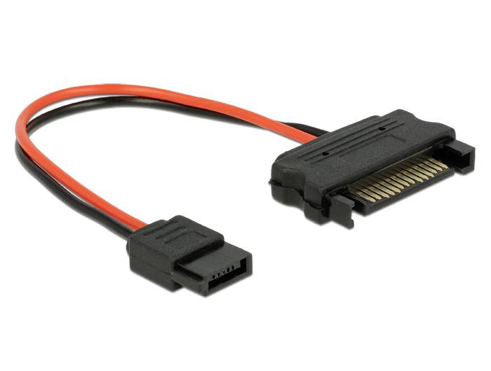 Red and black SATA-to-SATA power adapter used for connecting hard drives to an internal computer power supply cable.
