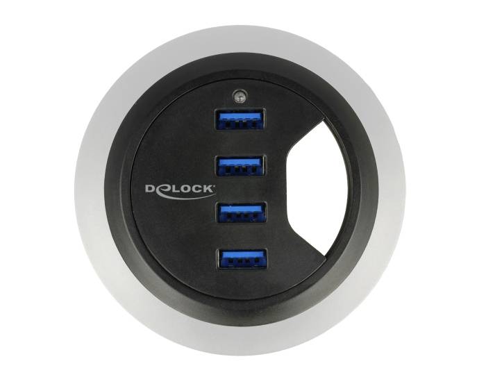Multiway power socket with four blue USB ports and a black plastic casing, surrounded by a silver ring.