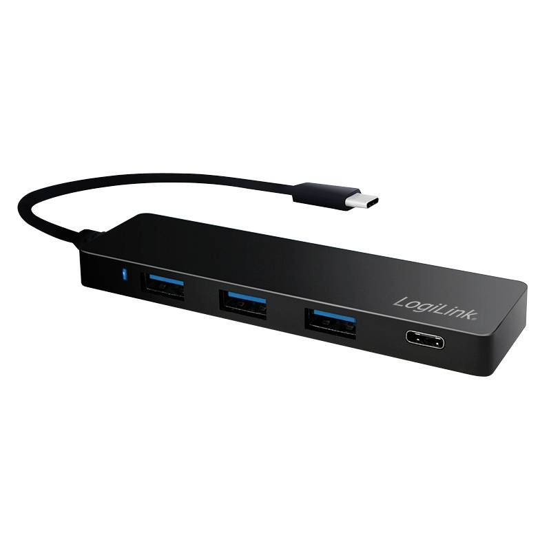A black USB-C hub with three USB ports and a USB-C port. A short cable is attached to the top.