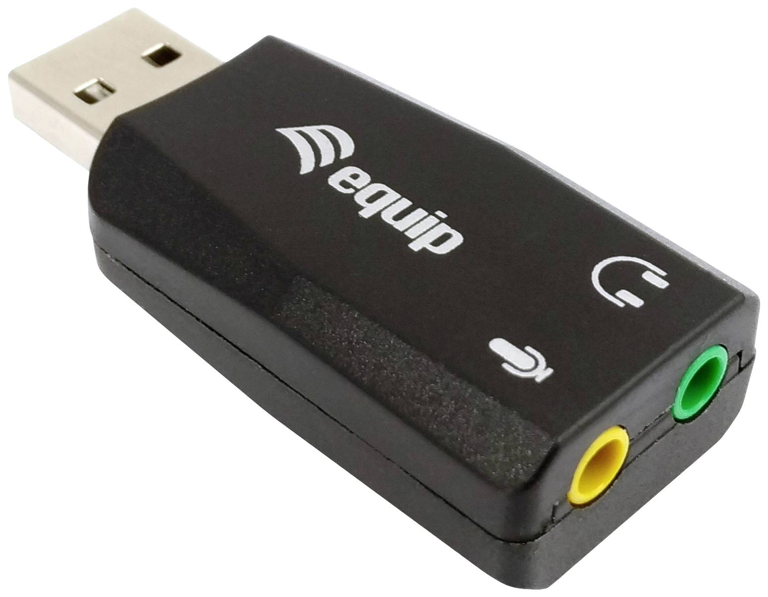 USB sound card with yellow and green socket for microphone and headphones, suitable for PC connections.