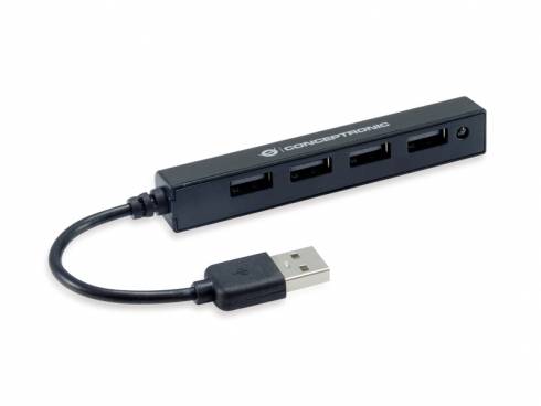 A black USB hub with four USB ports and a short cable with a USB plug.