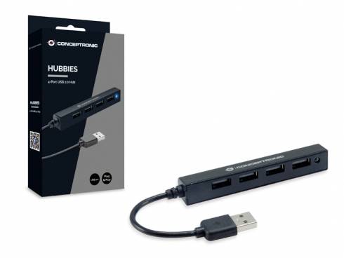 'Conceptronic Hobbies 4-Port USB 2.0 Hub' in packaging beside the USB hub with four ports and short cable.