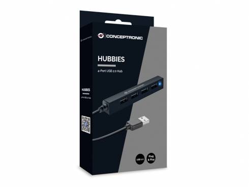 A packaging for a 4-Port USB 2.0 Hub by Conceptronic is shown. The design features a product image and the brand designation 'Hubbies'.
