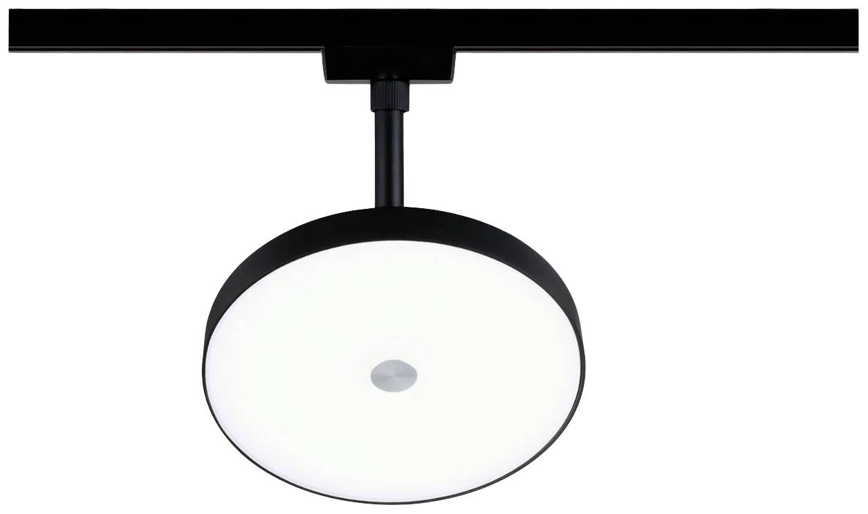 Round ceiling light in modern design, black with white diffuser, mounted on a black rail. Location unclear.