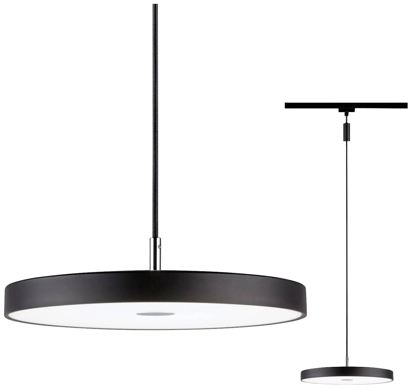 Modern, black pendant light with a flat, circular lampshade hanging from a long, thin suspension.