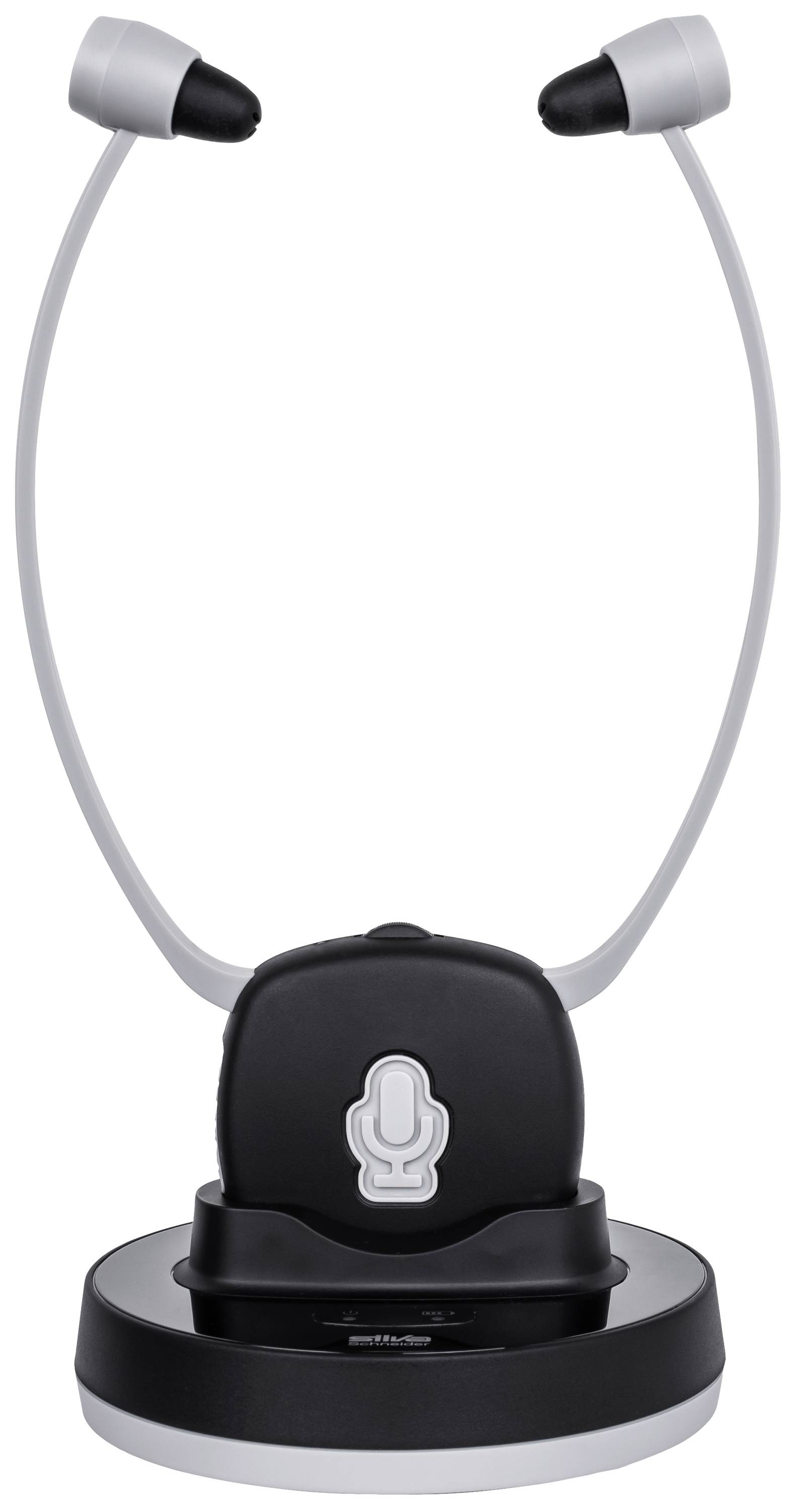 A wireless infrared hearing system with two earphones, suitable for amplifying audio signals from televisions and audio systems.