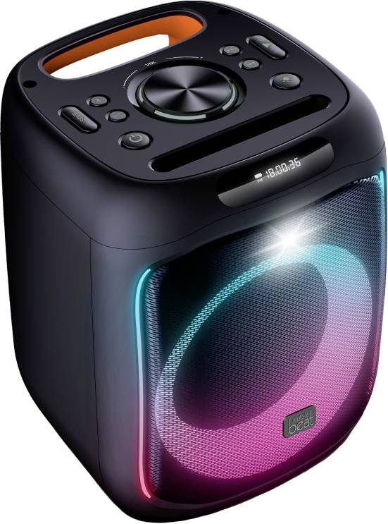 Black portable speaker with colourful LED lighting and controls on top; shows time as '18:00'.