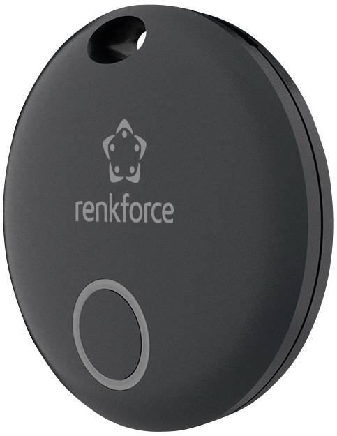 Black, oval Bluetooth tracker with the 'renkforce' logo, used for location tracking and finding items.