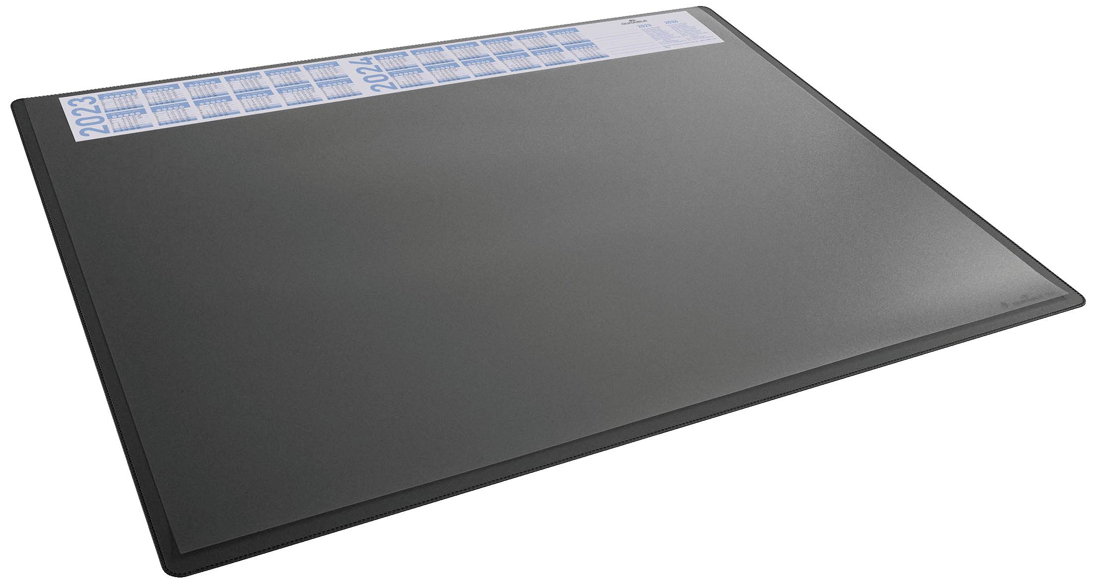 Black desk pad with a narrow calendar for the year 2023, showing months and weeks on the top left side.