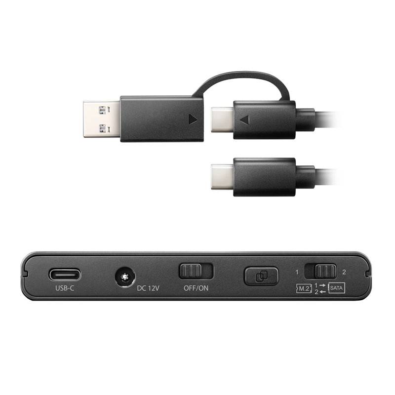 USB cable with two connectors and an external hard drive station with USB-C, DC 12V, power on/off switch and two drive bays.