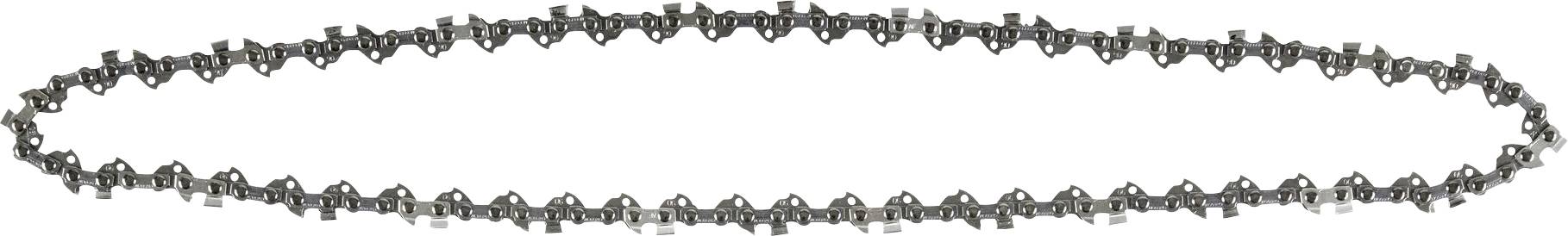 Chainsaw chain in an oval configuration. The chain comprises multiple metal cutting teeth distributed evenly.