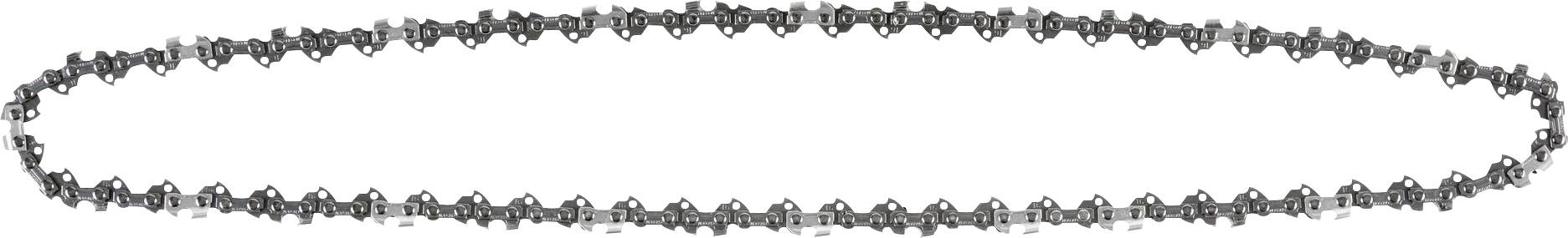 A oval bicycle chain lies flat and displays its evenly arranged links and connections.