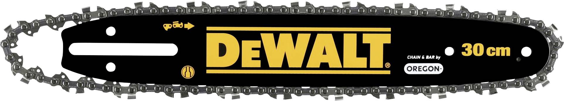 Chainsaw blade with 'DEWALT' printed in yellow. Length: 30 cm. Oregon logo.