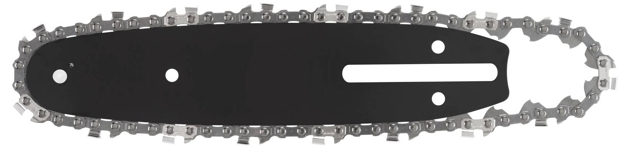 Saw chain with guide bar for a chainsaw, without visible markings. Contains cutting teeth and connecting links.