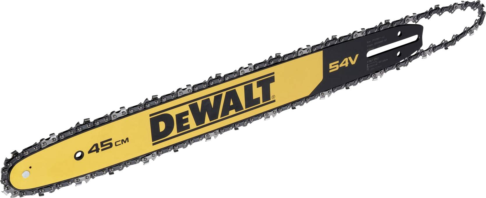 Chainsaw bar with 'Dewalt' lettering, 54V, 45 cm length.