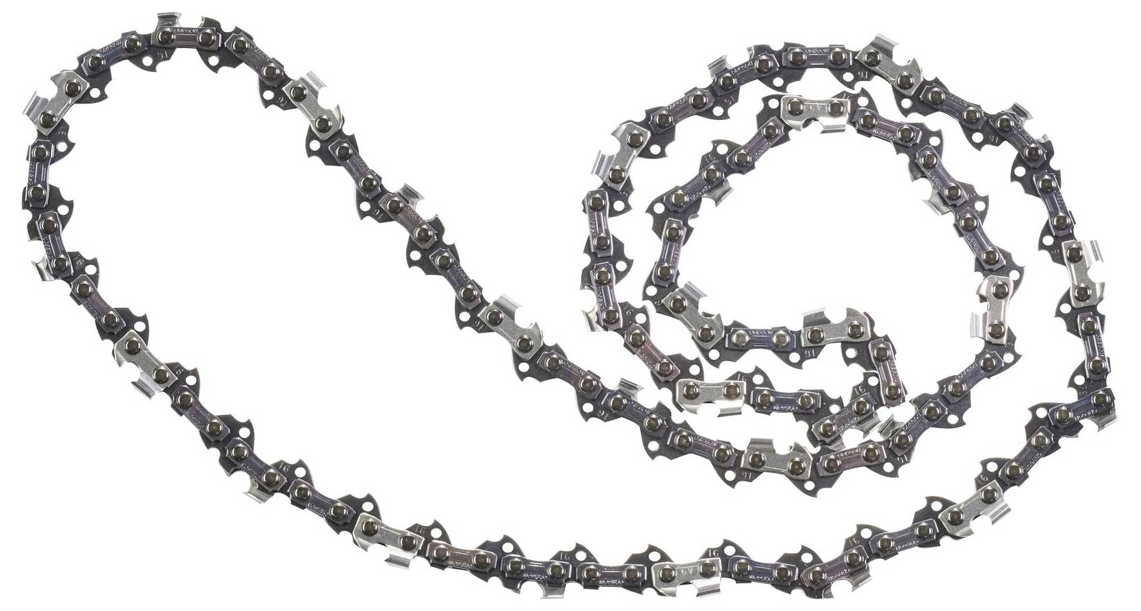 Chainsaw chain in a loose looped form on a white background.