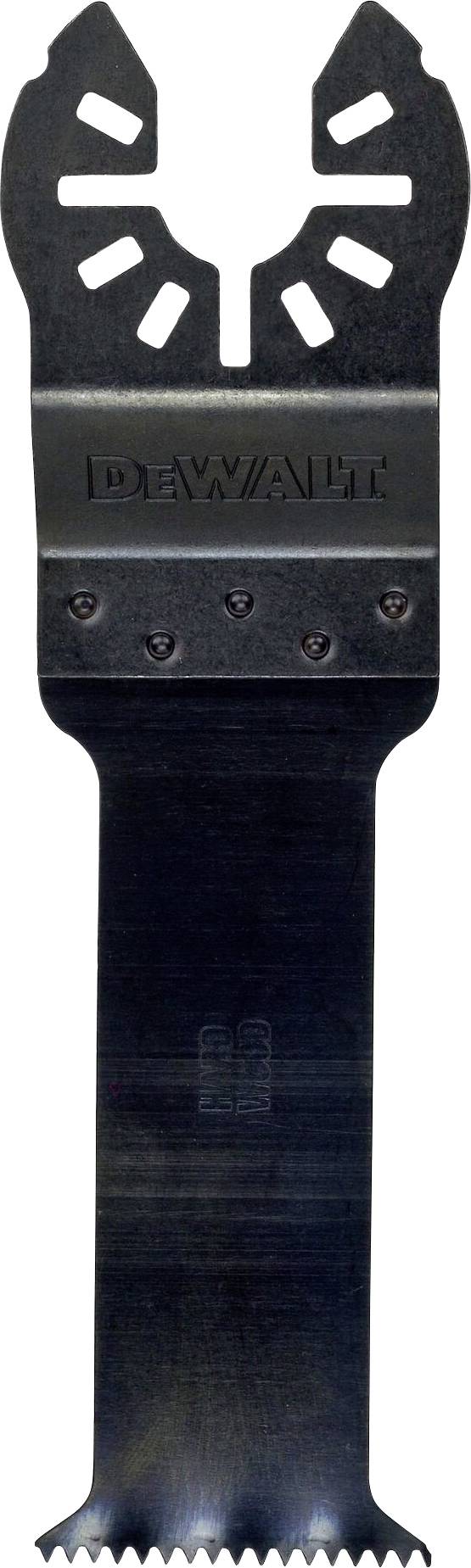 Multifunctional saw blade with an M-shaped connection and fine teeth at the lower end. 'Dewalt' brand name engraved on the front side.