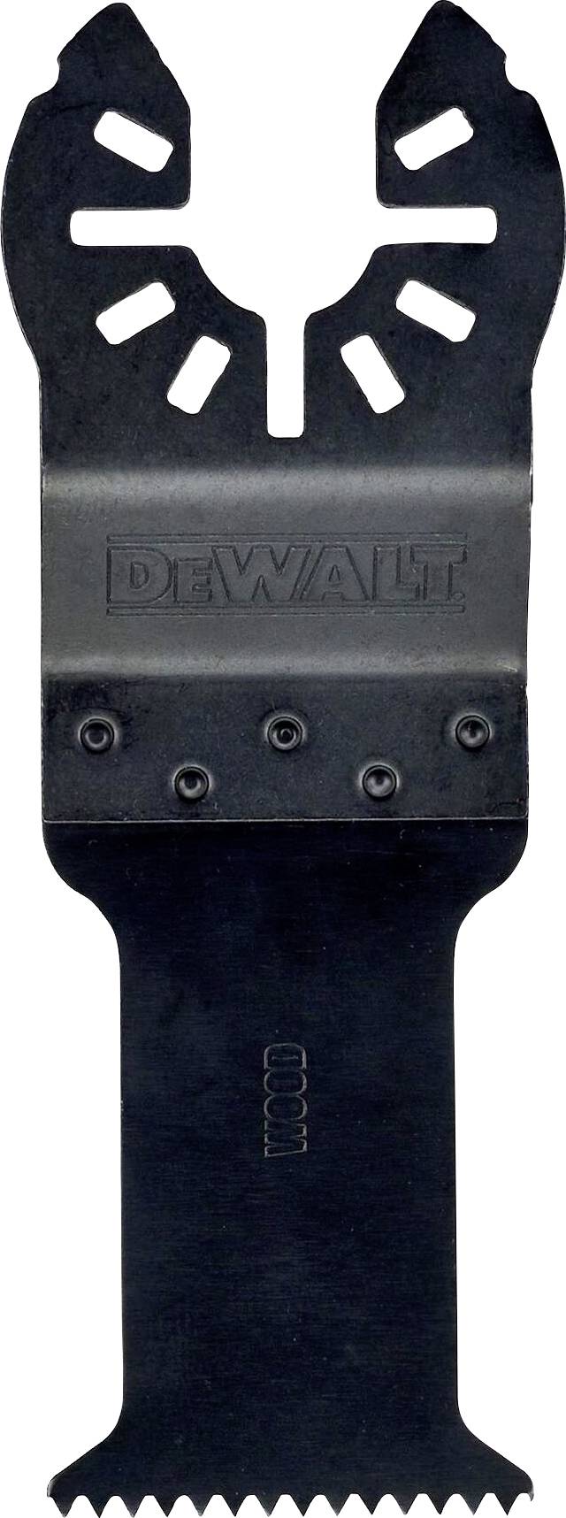 Saw blade for oscillating multi-tool, branded 'DEWALT'. Suitable for cutting wood, with serrated edge.