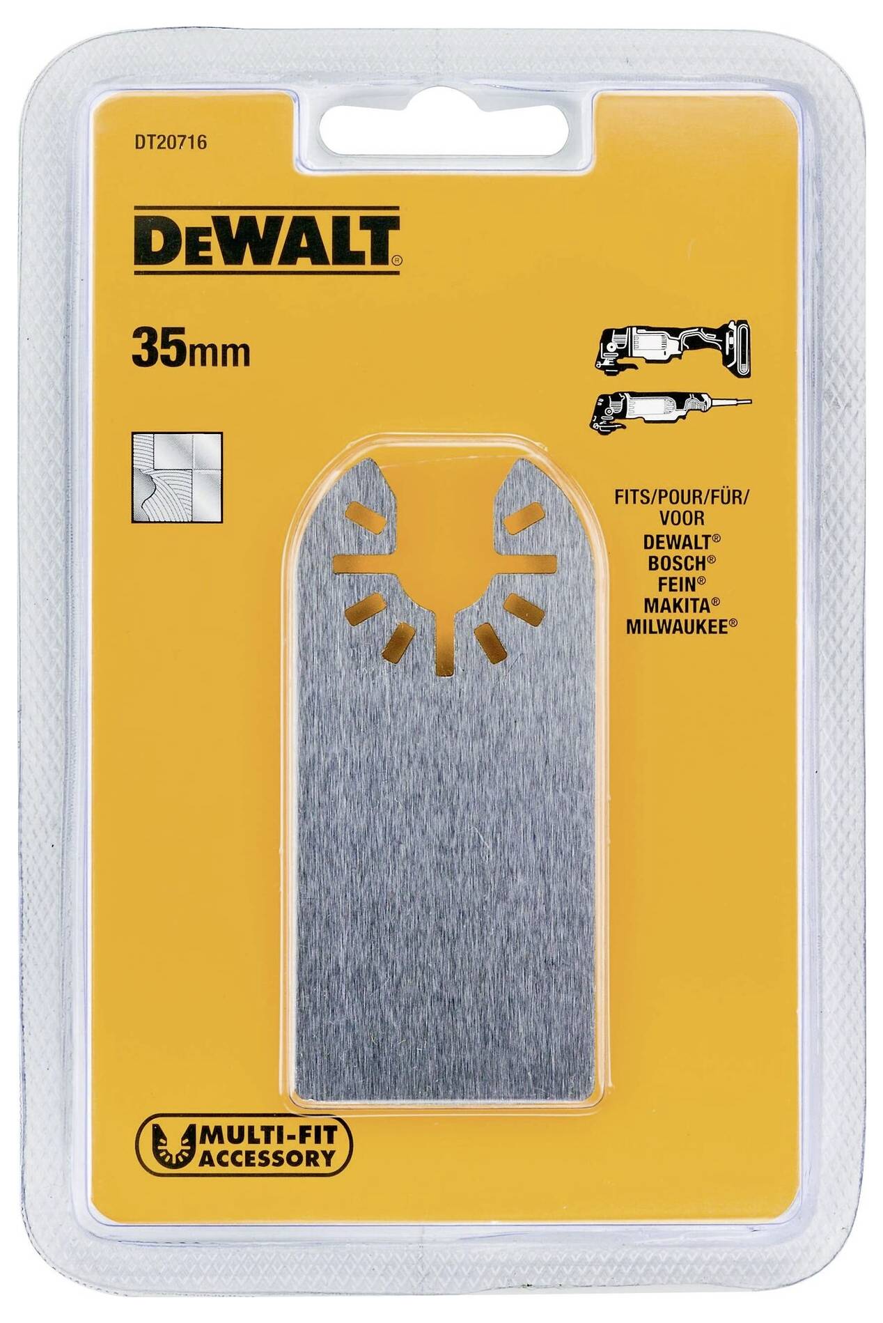 Packaging of a DeWalt 35 mm saw blade. Suitable for DeWalt, Bosch, Fein, Makita, Milwaukee tools. Multi-fit accessory.