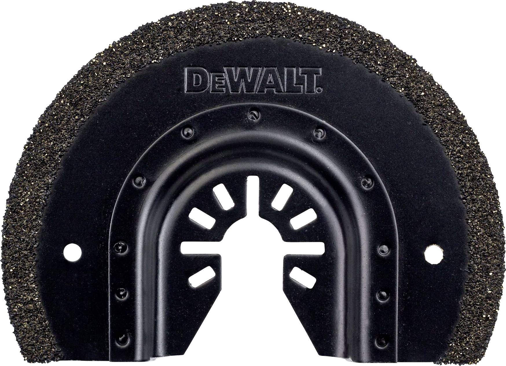 A circular saw blade from DeWalt with a black housing and toothed edges for cutting in construction applications.