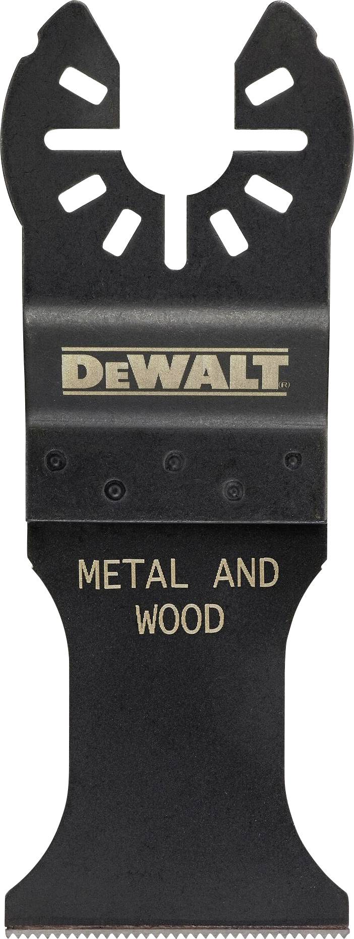 Multi-purpose saw blade with 'DeWalt' and 'Metal and Wood' markings, suitable for wood and metal cutting.