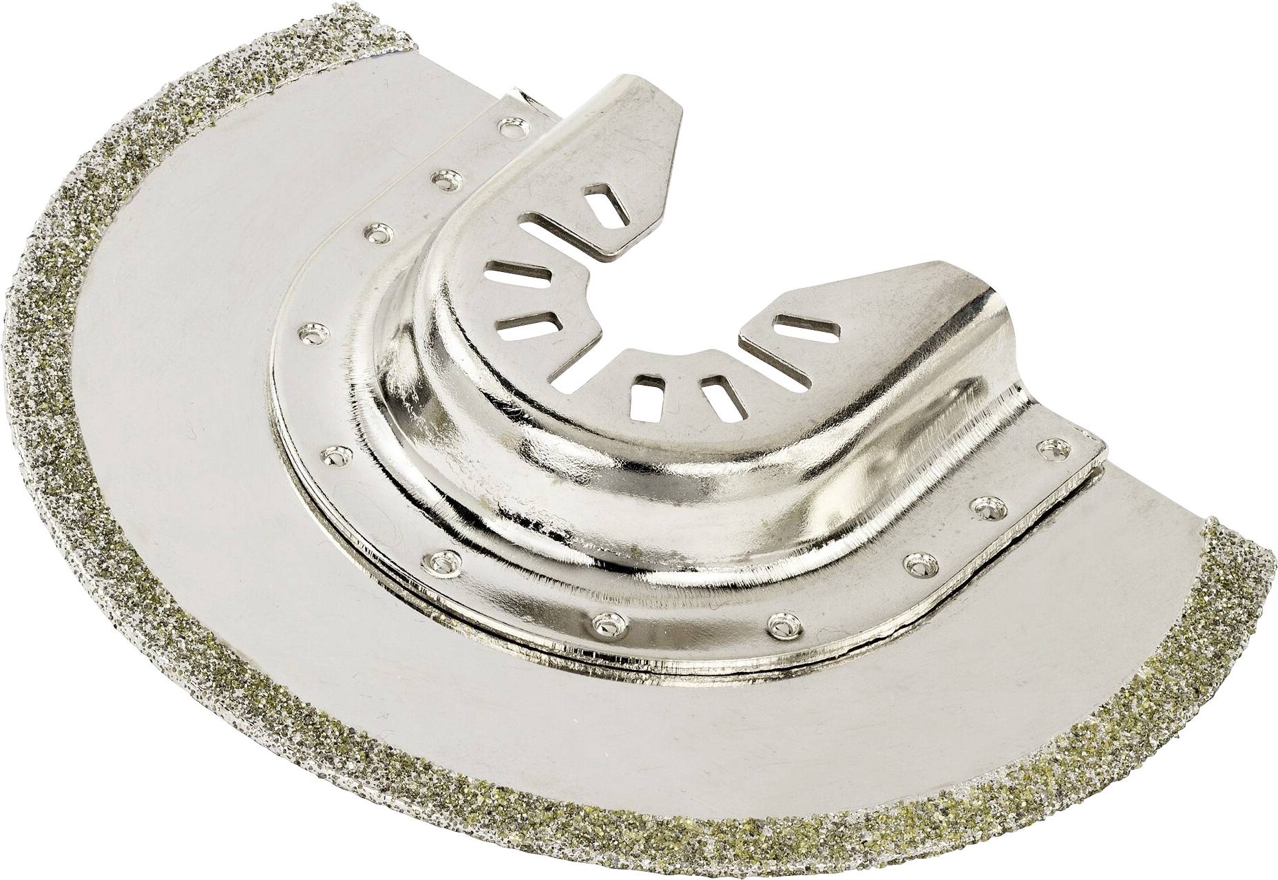 Metal cutting blade with serrated edge and central mounting holder. Used for precise cutting in building materials.