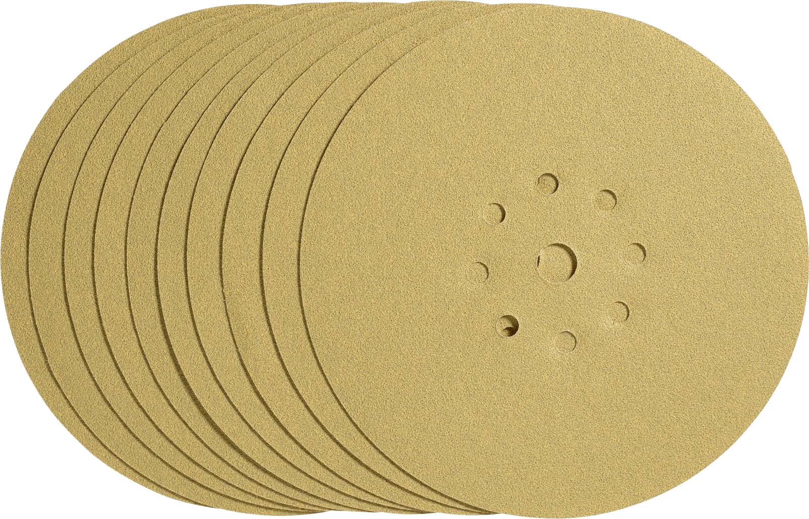 Neat round sandpaper discs in beige, stacked evenly. Each disc has several small holes in the centre.