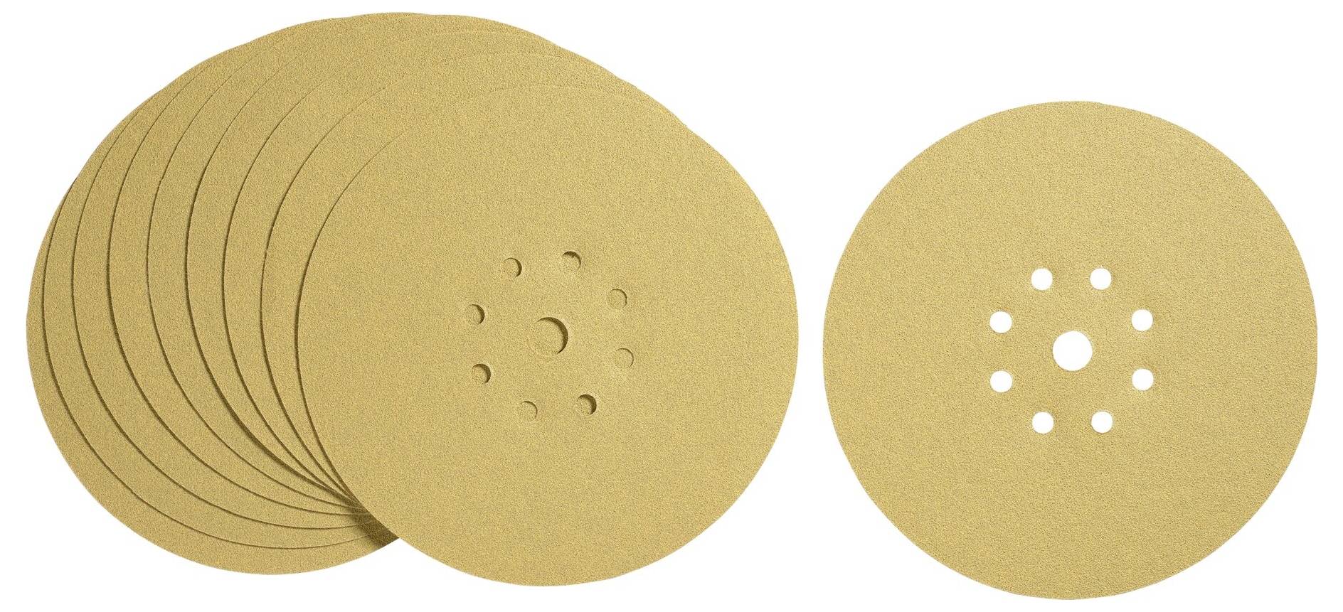 Several round sanding discs in beige sandpaper with holes in the centre are lying side by side and on top of each other.