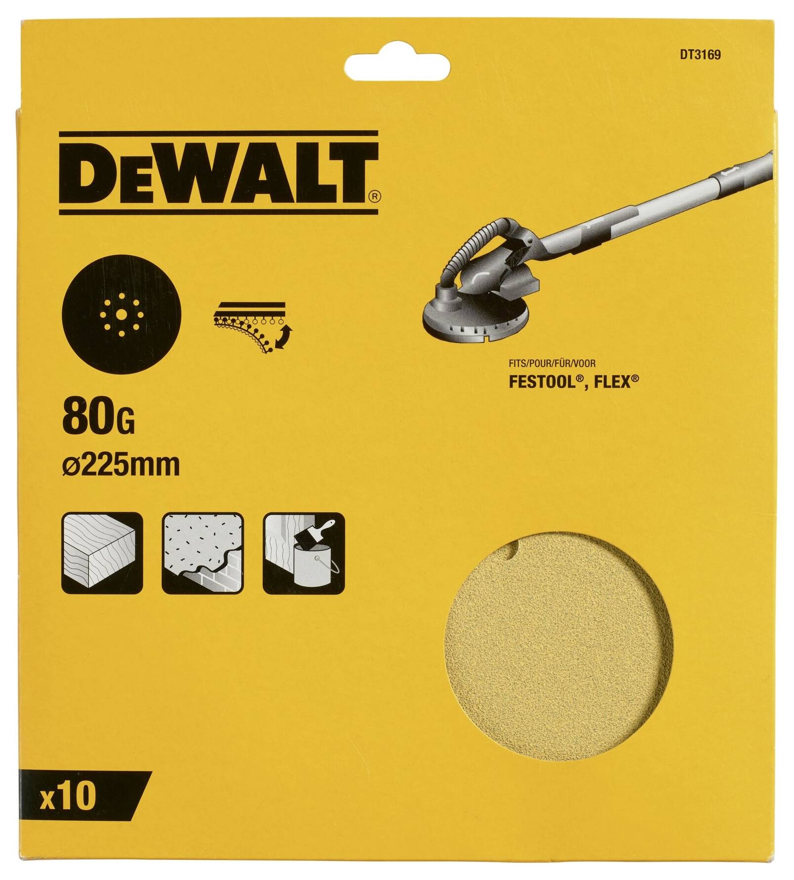 A yellow DeWalt packaging for sandpaper with 80-grit, suitable for Festool and Flex, contains 10 pieces with 225 mm diameter.